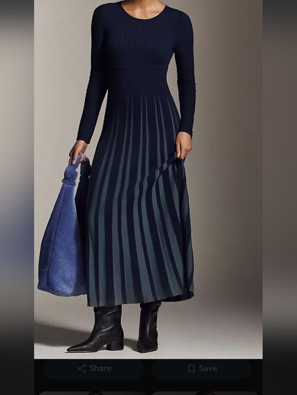 Navy Long-Sleeve Pleated Midi Dress -